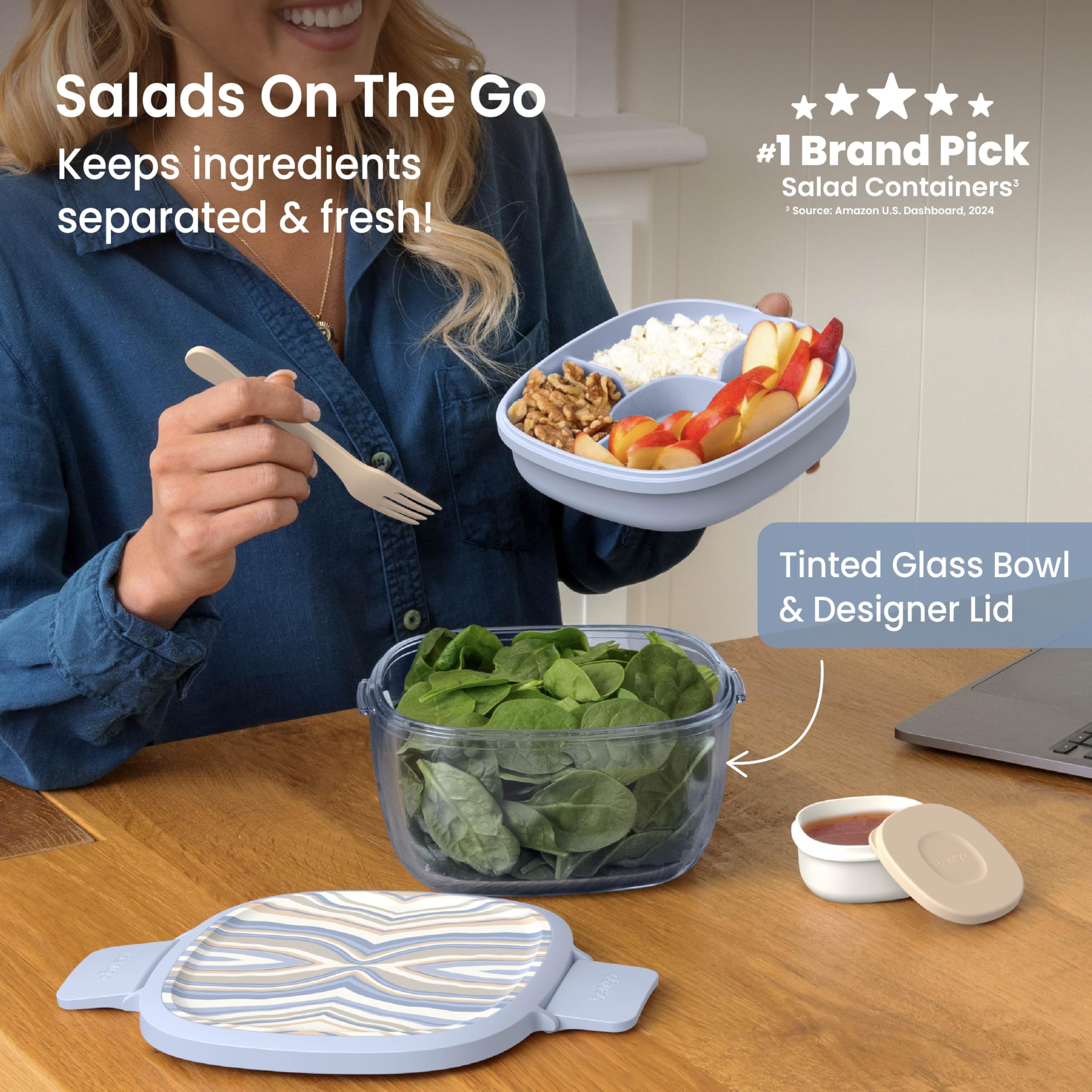 Bentgo Glass Salad Container - 7.6-Cup Salad Bowl with Airtight Lid, Leak-Proof Sauce Container, 4-Compartment Bento Tray & Reusable Fork - BPA-Free for Meal Prep, Office & More (Lavender)