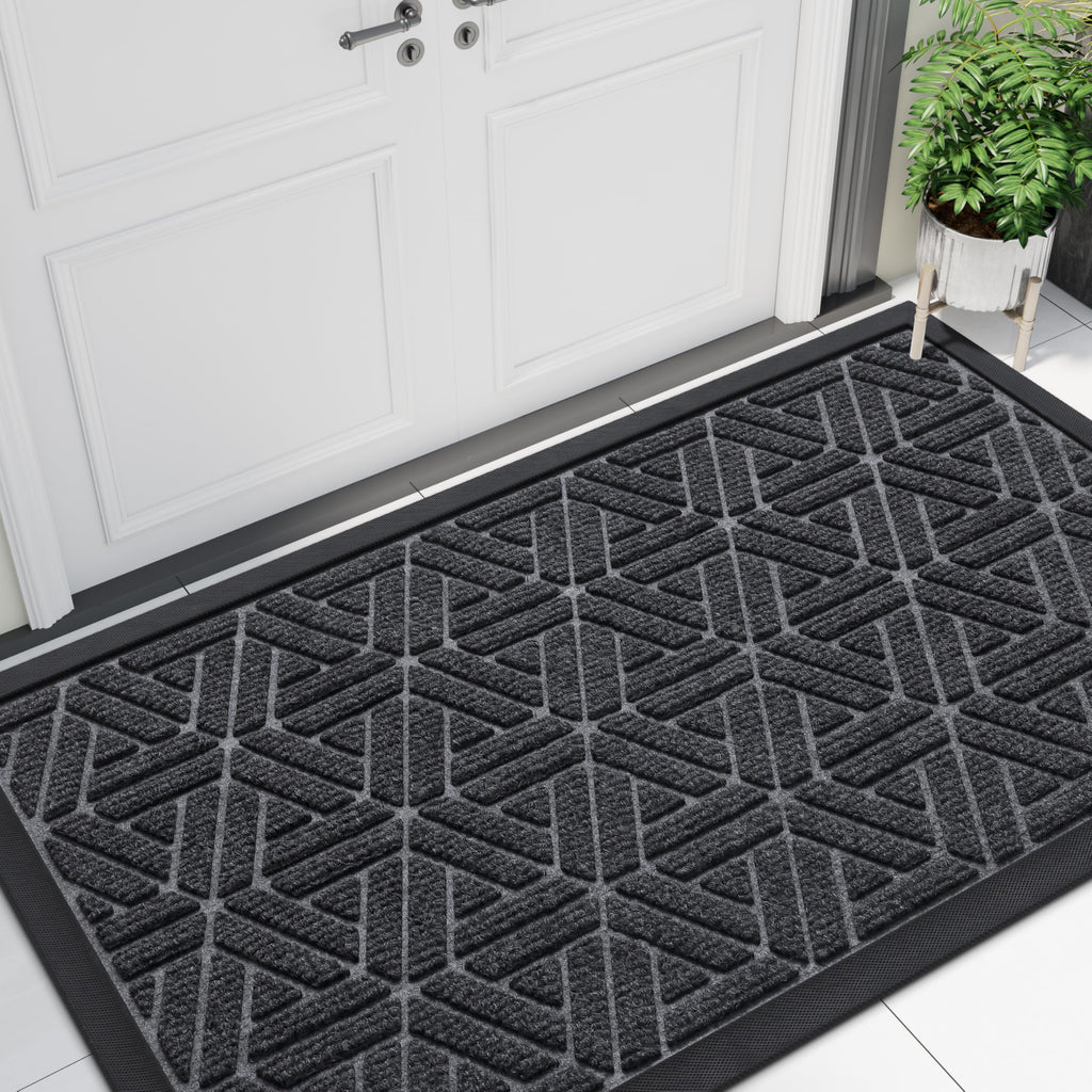 Smiry Front Door Mat Outside Entrance, Heavy Duty Sturdy Natural Rubber Doormat, Trap Dirt and Moisture, Easy Clean Low Profile Mats for Indoor Outdoor Entry, Irregular Triangle (29.5x17, Black)