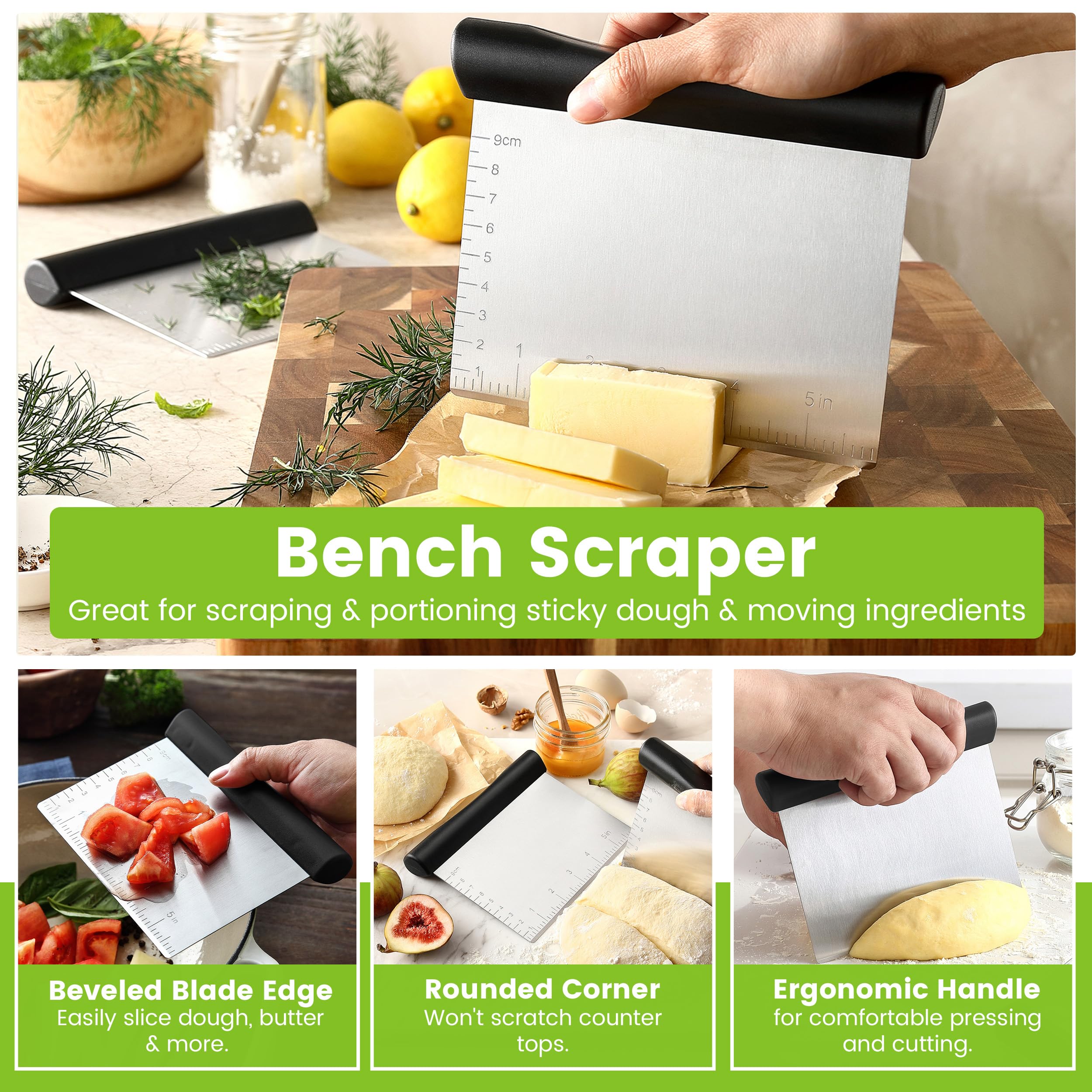 Spring Chef Dough Blender & Pastry Cutter Tool, Stainless Steel Pastry Blender & Bench Scraper for Pizza, Nut, Pie - Multipurpose Dough Cutter & Scraper Tool for Baking with Soft Grip Handles - Black