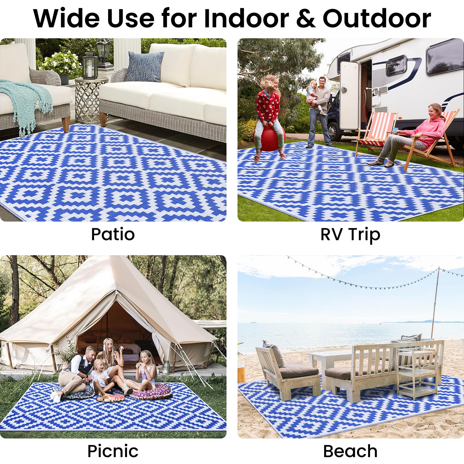 Smiry Waterproof Outdoor Rug 5x8 ft, Reversible Plastic Straw Patio Camping Rugs, Outdoor Indoor RV Mat Carpet for Patio, Outside Entry, Backyard, Deck, Bench, Picnic, Camper, Black & Beige