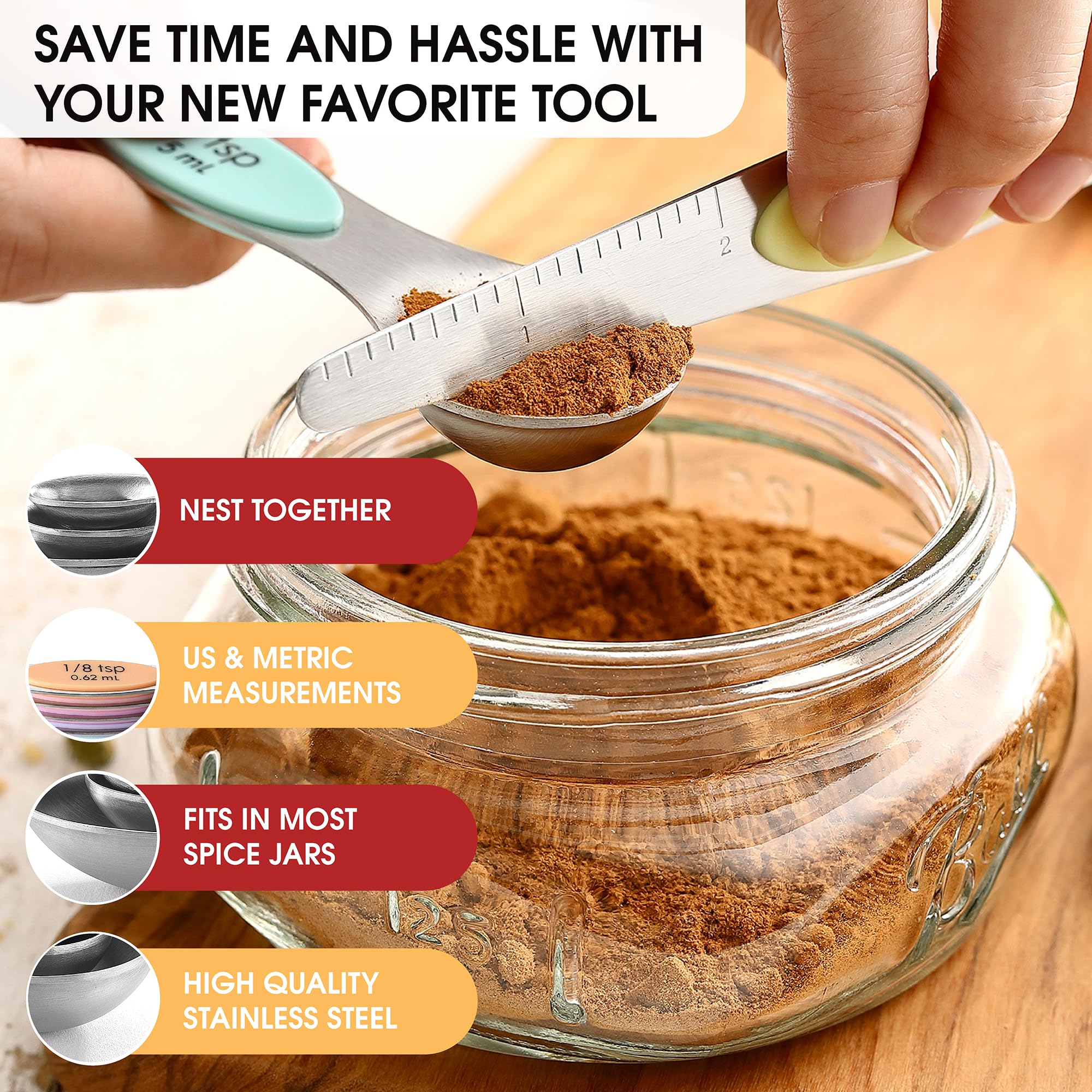 Spring Chef Stainless Steel Magnetic Measuring Spoons Set with Strong N45 Magnets, Heavy Duty Metal Kitchen Gadgets for Baking & Cooking, Fits in Most Kitchen Spice Jars, Set of 8 with Leveler, Black