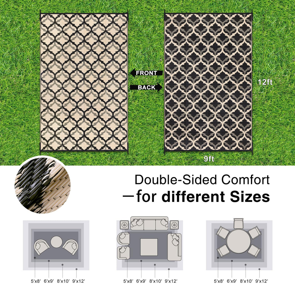 OLANLY Waterproof Outdoor Rug 5x8 ft, Outdoor Plastic Straw Rug for Camping, RV Mat Outside, Indoor Outdoor Carpet for Porch, Deck, Backyard, Balcony, Picnic, Black & White