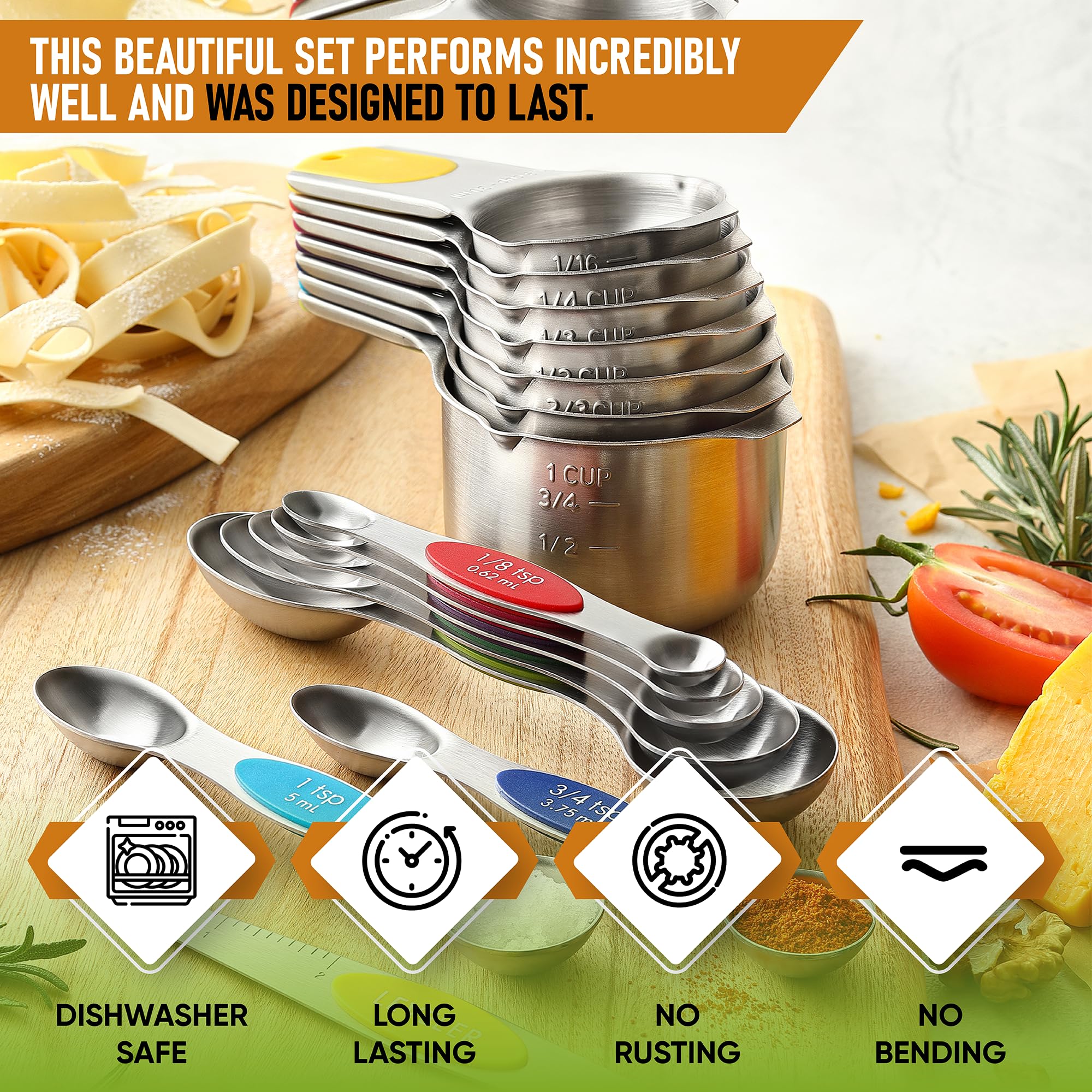 Spring Chef Magnetic Measuring Cups & Spoons Set, Patented, Strong N45 Magnets, Heavy Duty Stainless Steel Fits in Spice Jars for Baking & Cooking, BPA Free, Round Set of 15 with Leveler, Black