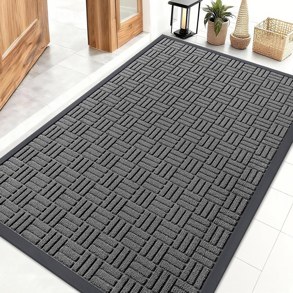 OLANLY Front Door Mat Outside Entrance 29.5x17, Absorbent, Heavy Duty Sturdy Natural Rubber Doormat Indoor Outdoor, Stain and Fade Resistant, Non-Slip Backing Low Profile Floor Mat for Entryway, Grey