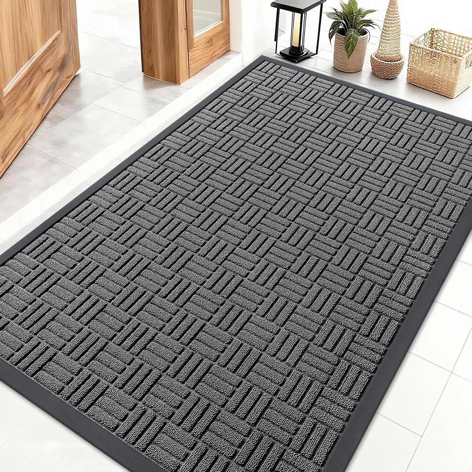 OLANLY Front Door Mat Outside Entrance 29.5x17, Absorbent, Heavy Duty Sturdy Natural Rubber Doormat Indoor Outdoor, Stain and Fade Resistant, Non-Slip Backing Low Profile Floor Mat for Entryway, Grey