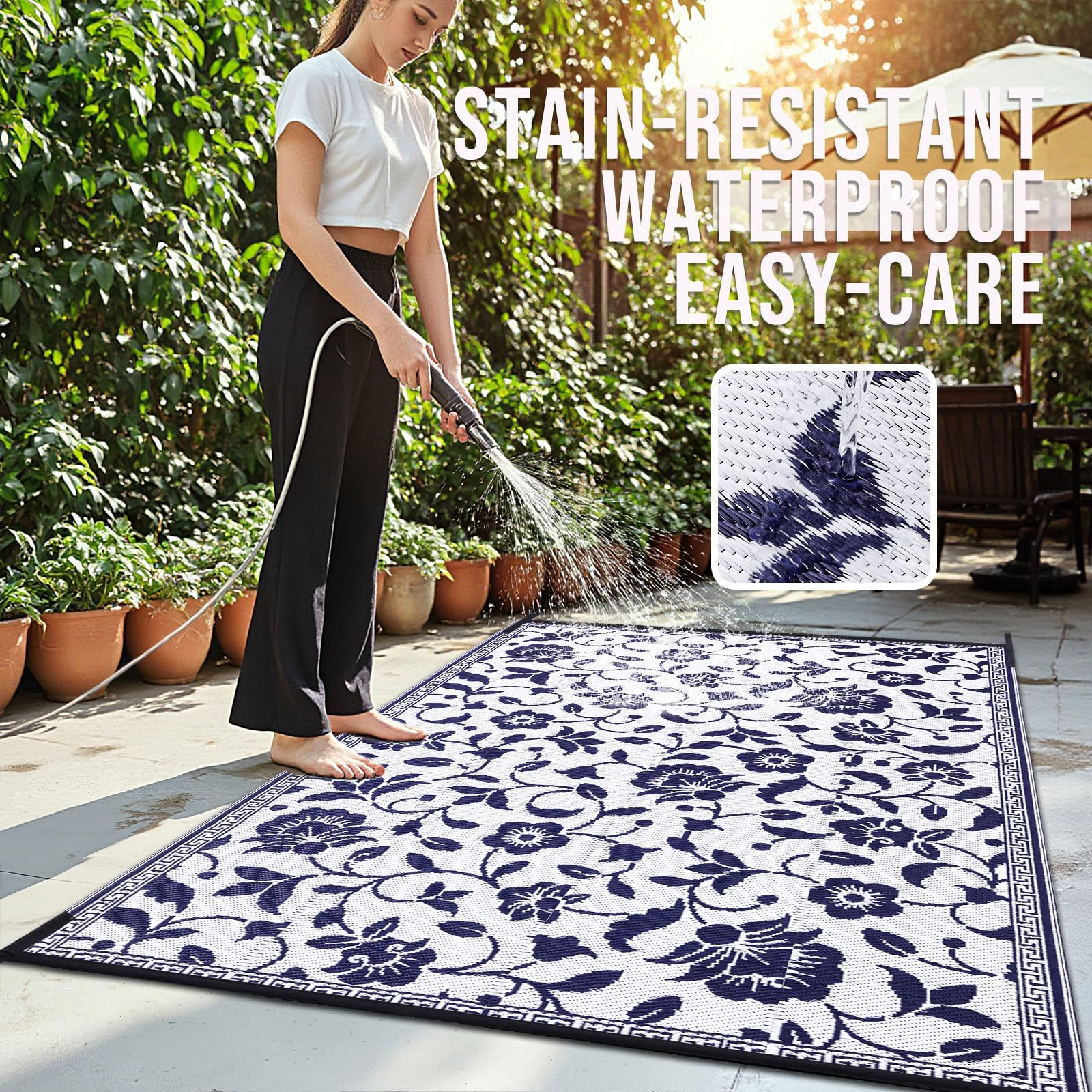 OLANLY Waterproof Outdoor Rug 5x8 ft, Outdoor Plastic Straw Rug with Flower Pattern, Reversible RV Mat for Patio, Camping, Balcony, Deck, Backyard, Navy & White