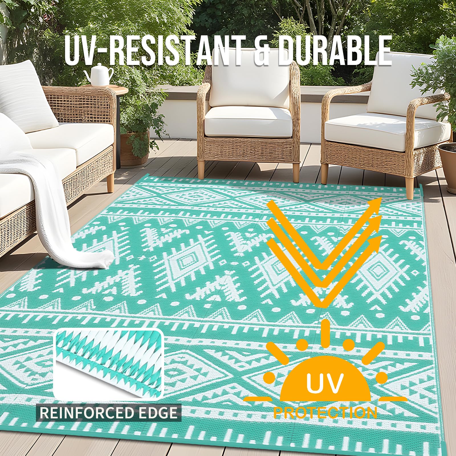 OLANLY Outdoor Rug Waterproof 5x8 ft, Reversible Outdoor Plastic Straw Rug, Boho Patio Rug, Indoor Outdoor Carpet, RV Mat Outside for Patio, Camp, Picnic, Balcony, Deck, Backyard, Black & White