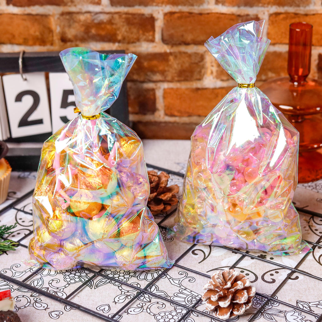 NPLUX Cellophane Treat Bags,Plastic Iridescent Party Favor Bags Clear Candy Bags with Twist Ties for Gift, Cookies, Snacks(100PACK, 6x10inch)