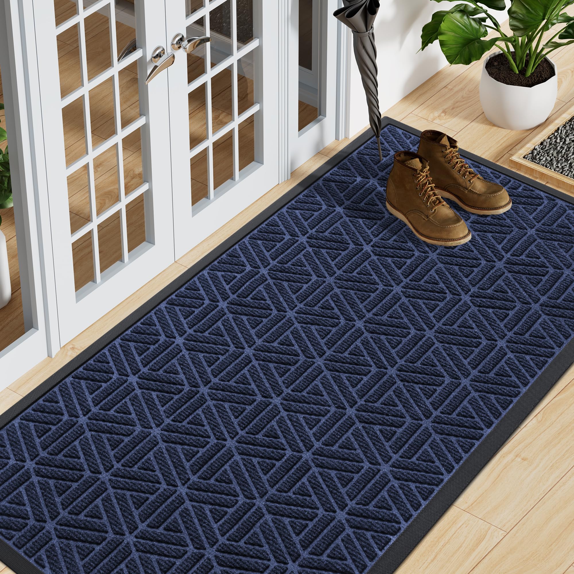 Smiry Front Door Mat Outside Entrance, Heavy Duty Sturdy Natural Rubber Doormat, Trap Dirt and Moisture, Easy Clean Low Profile Mats for Indoor Outdoor Entry, Irregular Triangle (29.5x17, Black)