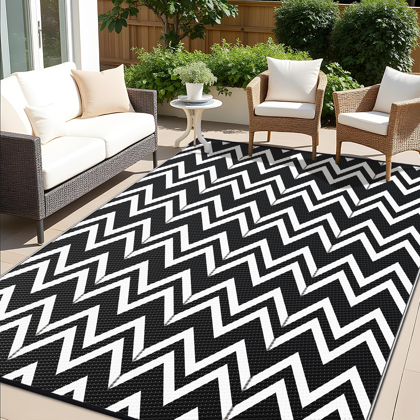 OLANLY Waterproof Outdoor Rug 5x8 ft, Outdoor Plastic Straw Rug for Camping, RV Mat Outside, Indoor Outdoor Carpet for Porch, Deck, Backyard, Balcony, Picnic, Black & White