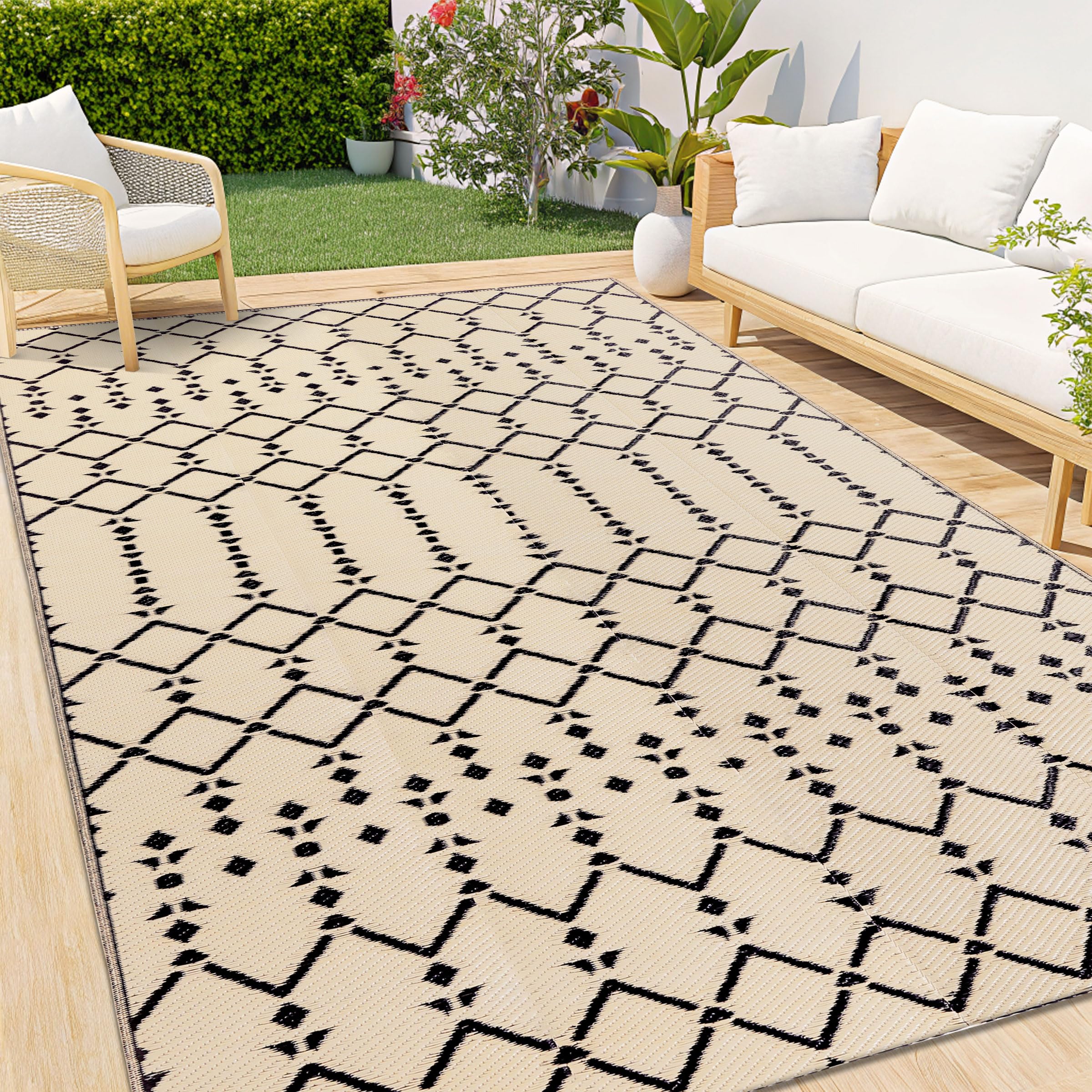 Smiry Waterproof Outdoor Rug 5x8 ft, Reversible Plastic Straw Patio Camping Rugs, Outdoor Indoor RV Mat Carpet for Patio, Outside Entry, Backyard, Deck, Bench, Picnic, Camper, Black & Beige