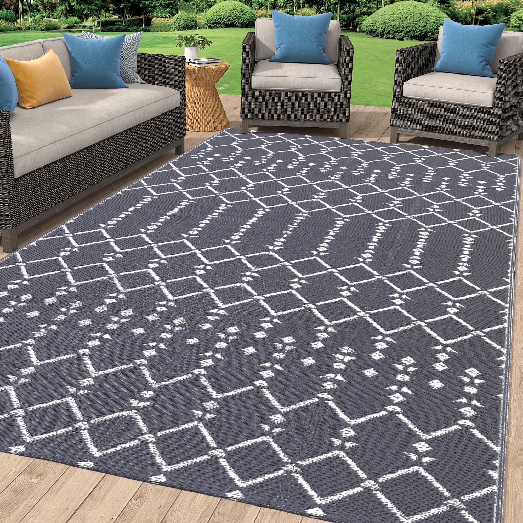 Smiry Waterproof Outdoor Rug 5x8 ft, Reversible Plastic Straw Patio Camping Rugs, Outdoor Indoor RV Mat Carpet for Patio, Outside Entry, Backyard, Deck, Bench, Picnic, Camper, Black & Beige