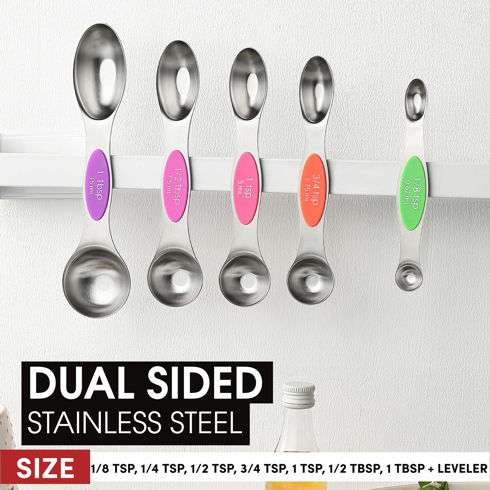 Spring Chef Stainless Steel Magnetic Measuring Spoons Set with Strong N45 Magnets, Heavy Duty Metal Kitchen Gadgets for Baking & Cooking, Fits in Most Kitchen Spice Jars, Set of 8 with Leveler, Black