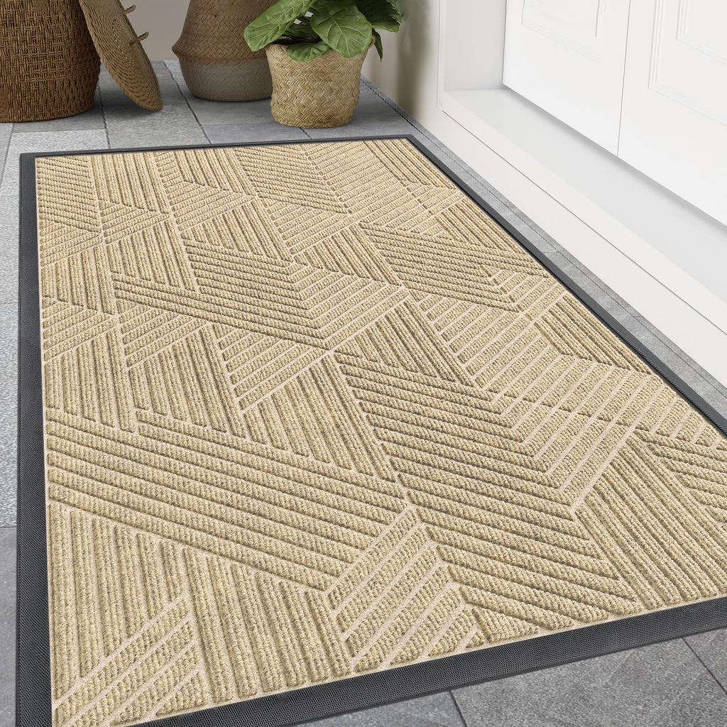 Smiry Front Door Mat Outside Entrance, Heavy Duty Sturdy Natural Rubber Doormat, Trap Dirt and Moisture, Easy Clean Low Profile Mats for Indoor Outdoor Entry, Irregular Triangle (29.5x17, Black)