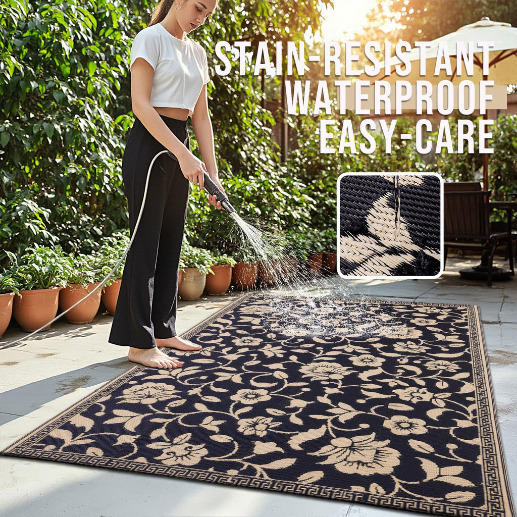 OLANLY Waterproof Outdoor Rug 5x8 ft, Outdoor Plastic Straw Rug with Flower Pattern, Reversible RV Mat for Patio, Camping, Balcony, Deck, Backyard, Navy & White