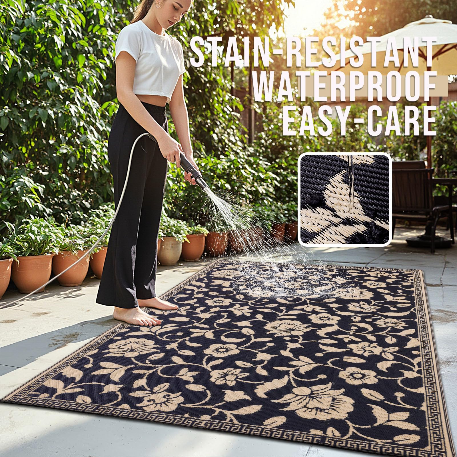 OLANLY Waterproof Outdoor Rug 5x8 ft, Outdoor Plastic Straw Rug with Flower Pattern, Reversible RV Mat for Patio, Camping, Balcony, Deck, Backyard, Navy & White