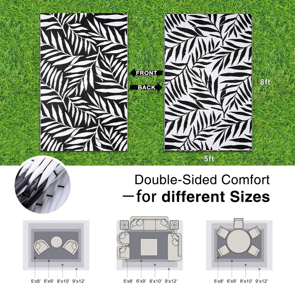 OLANLY Waterproof Outdoor Rug 5x8 ft, Reversible Outdoor Plastic Straw Rug with Leaf Pattern, RV Mat, Indoor Outdoor Carpet for Patio, Camping, Balcony, Deck, Backyard, Grey & White