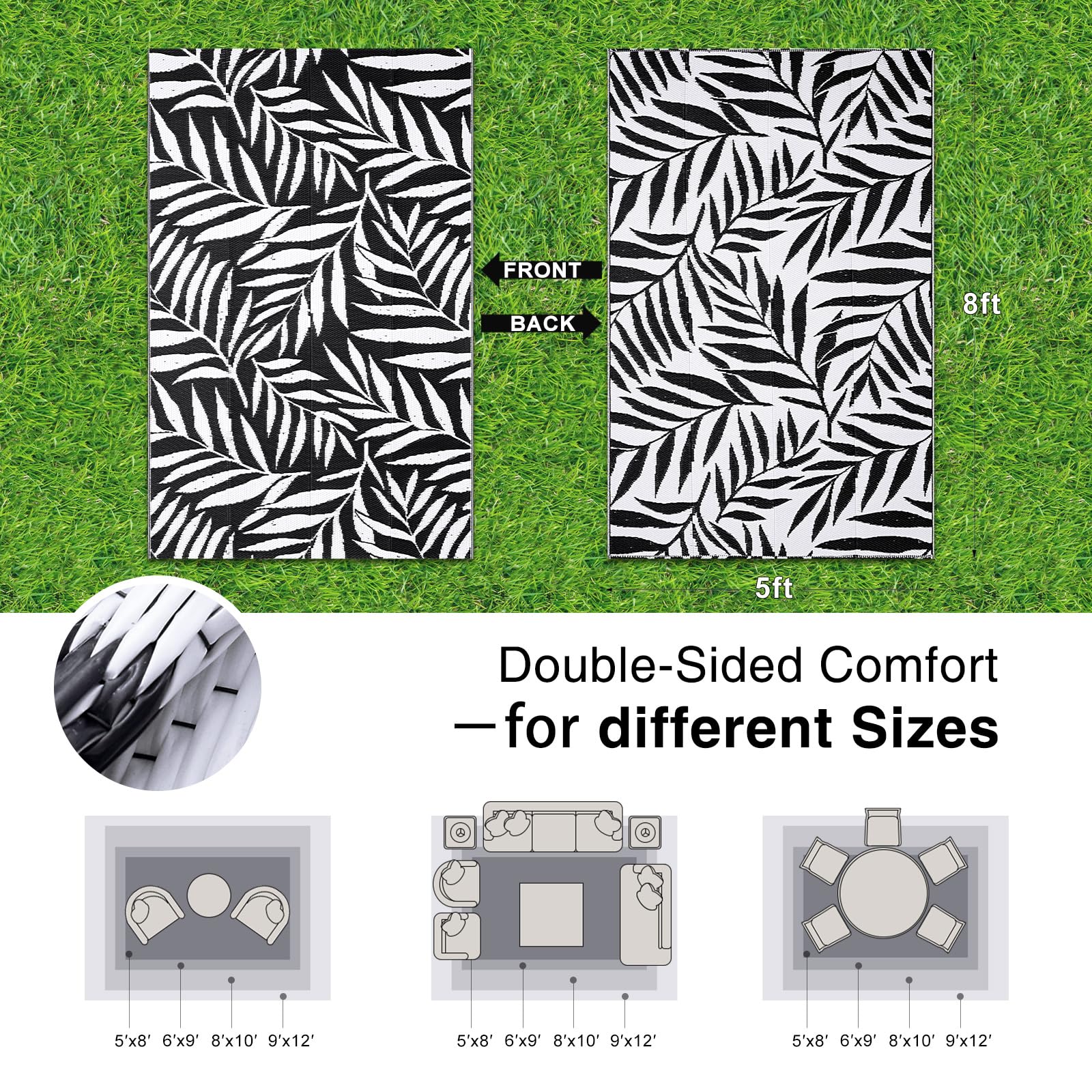 OLANLY Waterproof Outdoor Rug 5x8 ft, Reversible Outdoor Plastic Straw Rug with Leaf Pattern, RV Mat, Indoor Outdoor Carpet for Patio, Camping, Balcony, Deck, Backyard, Grey & White