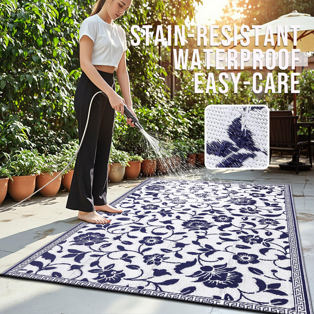 OLANLY Waterproof Outdoor Rug 5x8 ft, Outdoor Plastic Straw Rug with Flower Pattern, Reversible RV Mat for Patio, Camping, Balcony, Deck, Backyard, Navy & White