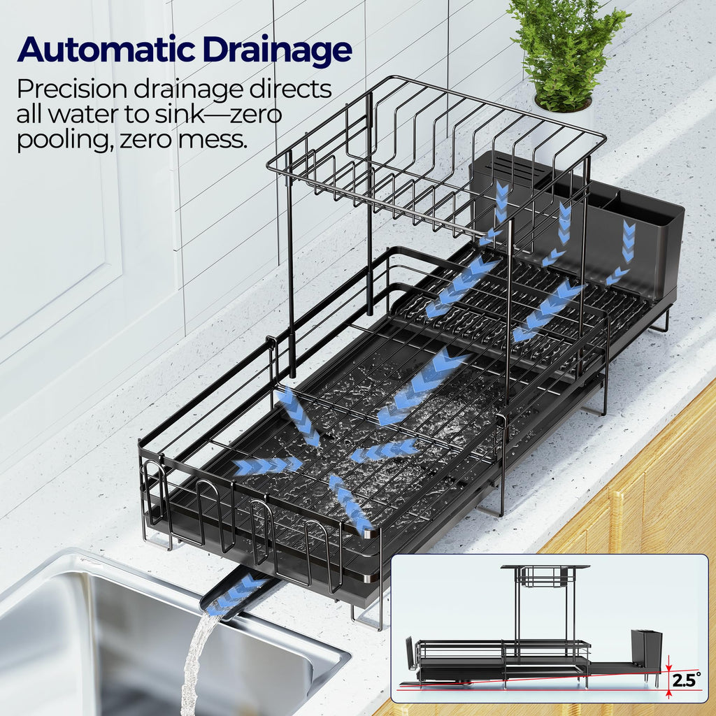 Large Dish Drying Rack, Expandable Dish Rack for Kitchen Counter, Upgraded Dish Drainer with Drainboard Set, Multifunctional Dishrack with Utensil Holder & Cup Holder, 13.4"-28.7" L x 11.8" W