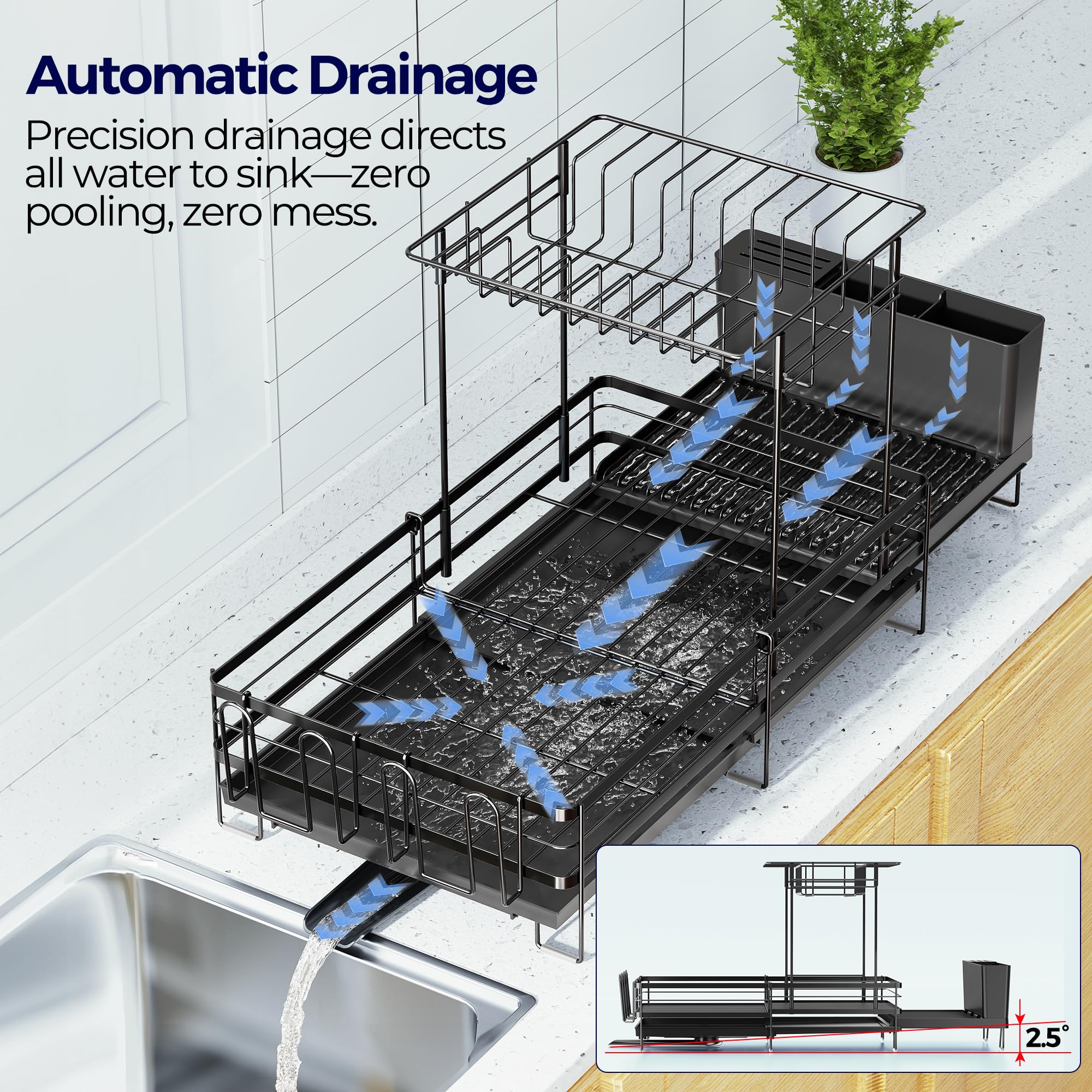 Large Dish Drying Rack, Expandable Dish Rack for Kitchen Counter, Upgraded Dish Drainer with Drainboard Set, Multifunctional Dishrack with Utensil Holder & Cup Holder, 13.4"-28.7" L x 11.8" W