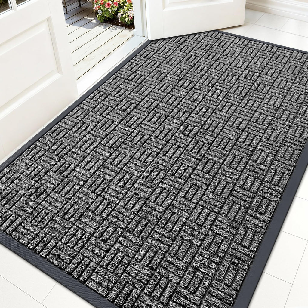 OLANLY Front Door Mat Outside Entrance 29.5x17, Absorbent, Heavy Duty Sturdy Natural Rubber Doormat Indoor Outdoor, Stain and Fade Resistant, Non-Slip Backing Low Profile Floor Mat for Entryway, Grey