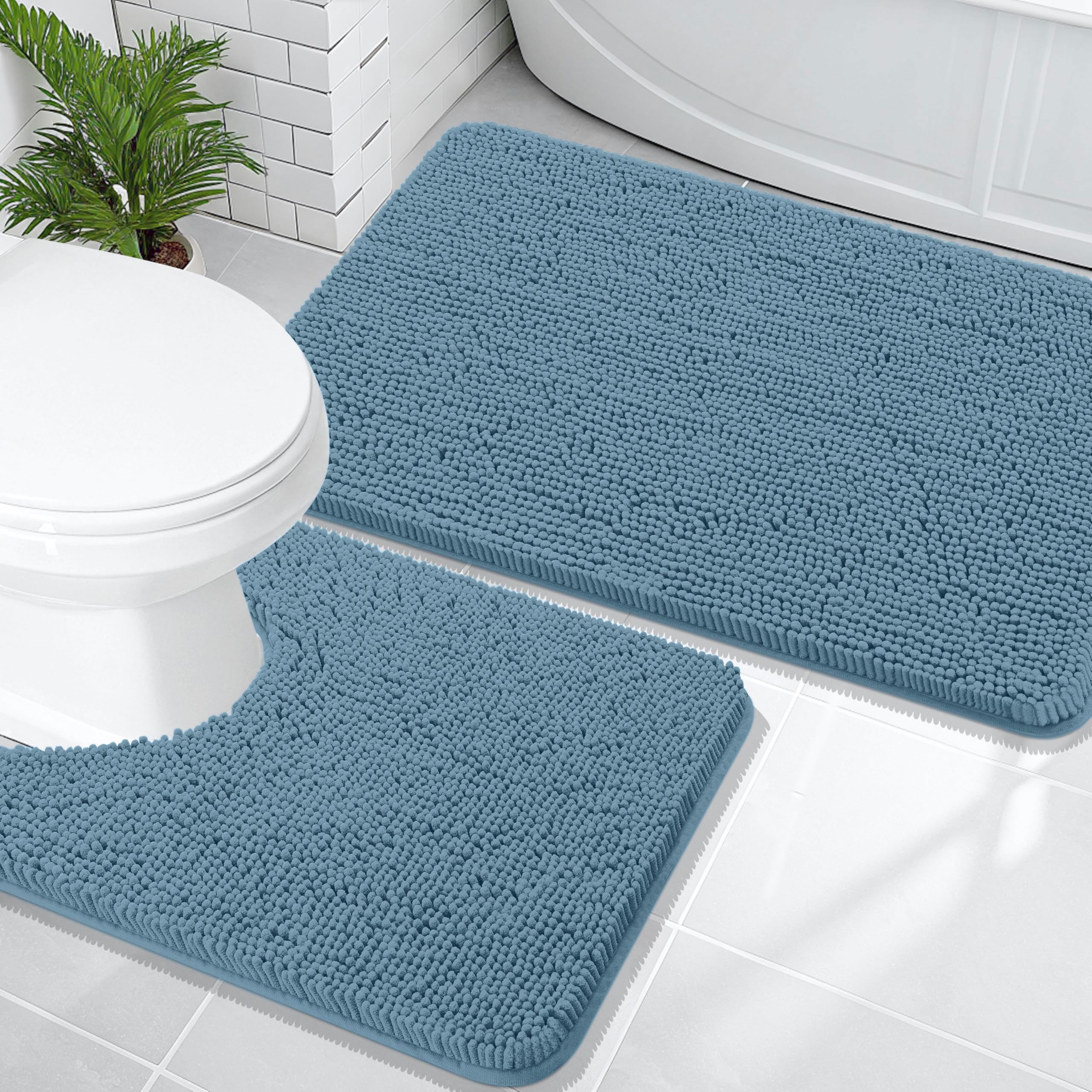 OLANLY Bathroom Rugs Sets 2 Piece, Soft Absorbent Chenille Bath Mats and U-Shaped Contour Toilet Mat Area Rug Set, Machine Washable Bath Carpet, Home Decor Accessories(30"x20"+24"x20", Grey)