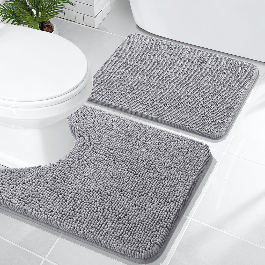 OLANLY Bathroom Rugs Sets 2 Piece, Soft Absorbent Chenille Bath Mats and U-Shaped Contour Toilet Mat Area Rug Set, Machine Washable Bath Carpet, Home Decor Accessories(30"x20"+24"x20", Grey)
