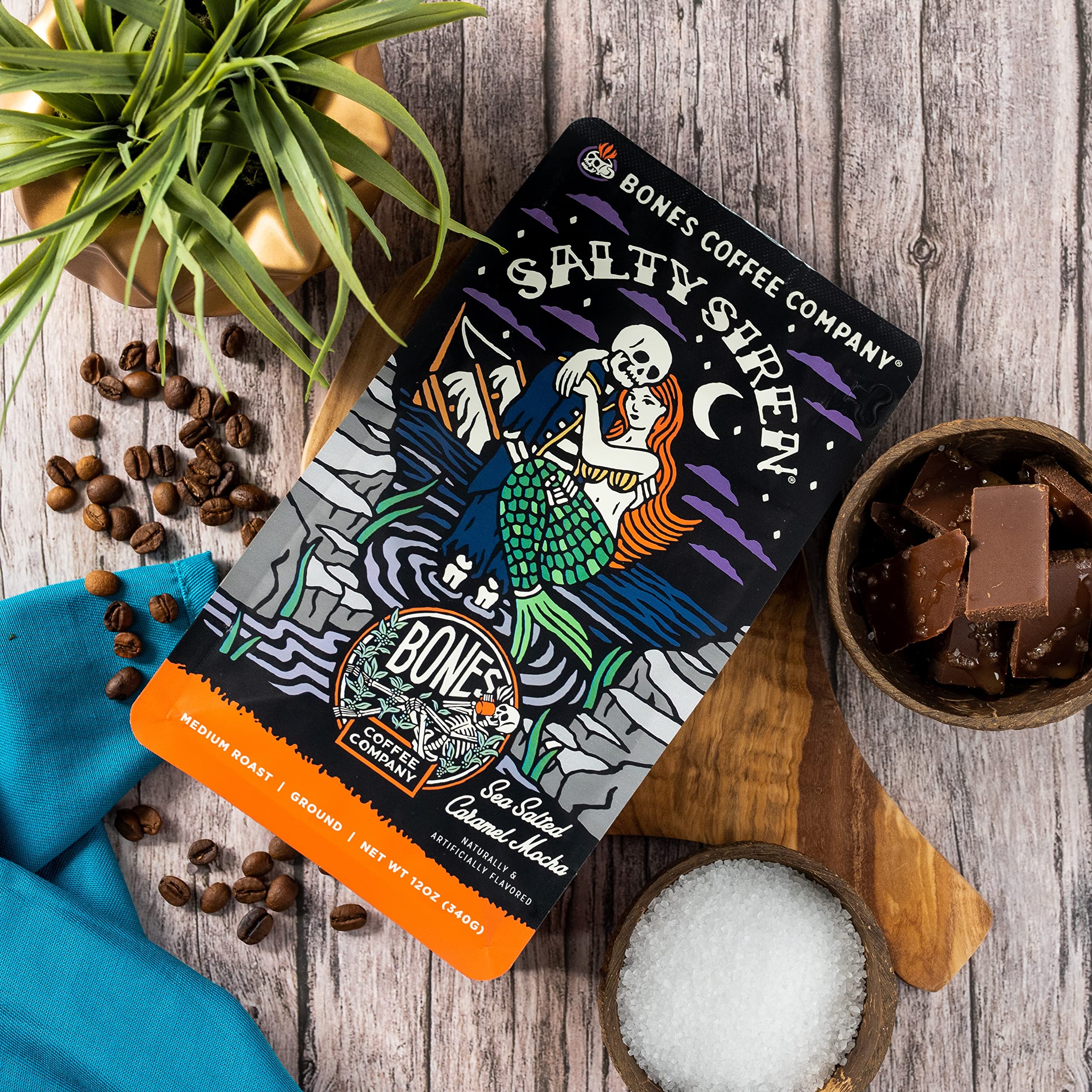 Bones Coffee Company Highland Grog, Butterscotch Caramel Flavored Coffee, Medium Roast Low Acid Arabica Beans Compatible with Auto drip and French Press Coffee Maker, 12 Oz Ground