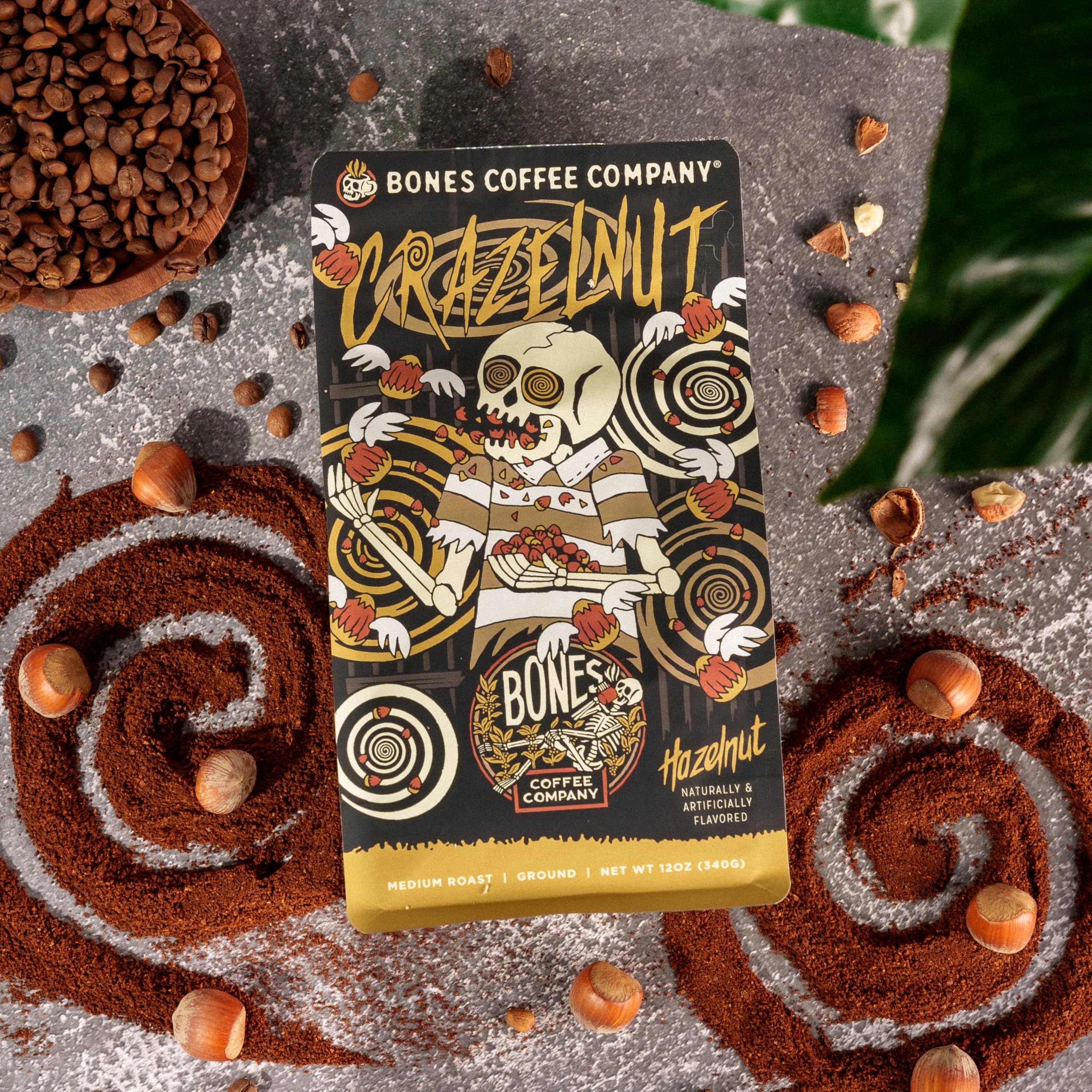 Bones Coffee Company Cinnamon Roll Flavored Coffee, Medium Roast Low Acid Arabica Beans Compatible with Auto drip and French Press Coffee Maker, 12 Oz Whole Bean
