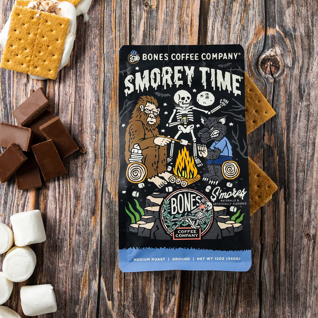 Bones Coffee Company Salted Caramel Flavored Coffee, Medium Roast Low Acid Arabica Beans Compatible with Auto drip and French Press Coffee Maker, 12 Oz Whole Bean