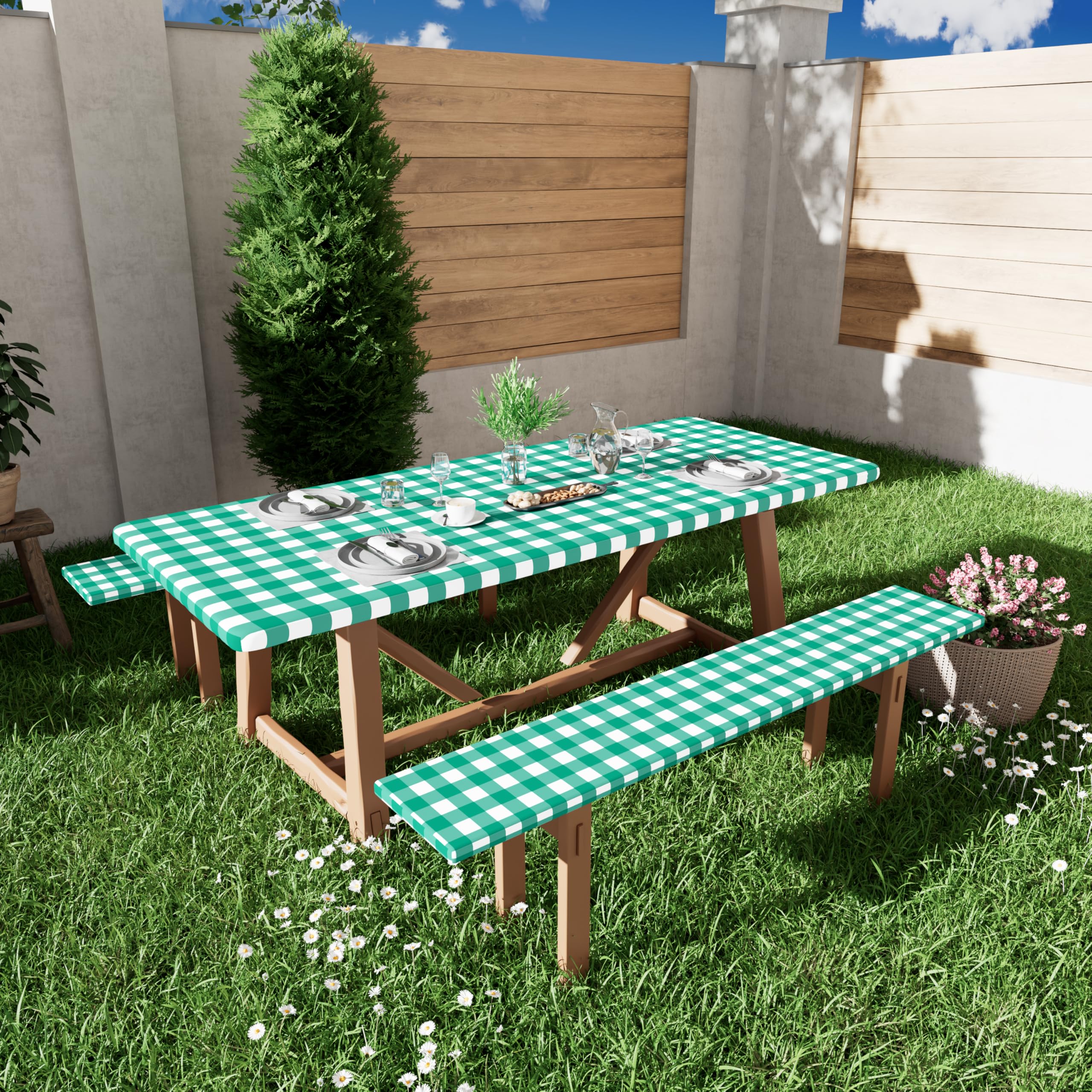 Smiry Picnic Table Cover with Bench Covers, Waterproof Elastic Fitted Tablecloths for 6 Foot Rectangle Tables, Washable Buffalo Plaid Tablecloth for Camping, Outdoor (Black & White, 30"x72")