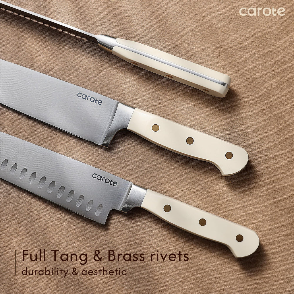 CAROTE 15Piece Knife Set, Kitchen Knife Block Set, Elegant White Ceramic-Coated Blades with Stylish Wooden Block for Modern Culinary Excellence