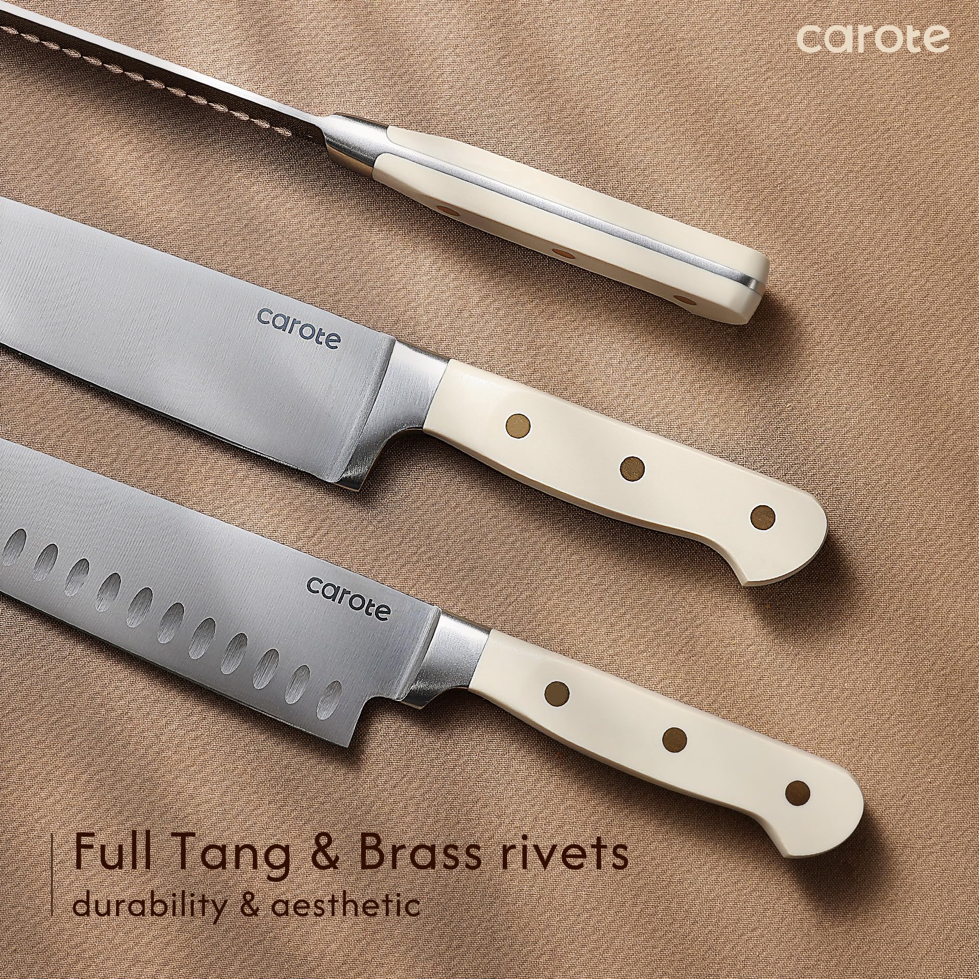 CAROTE 15Piece Knife Set, Kitchen Knife Block Set, Elegant White Ceramic-Coated Blades with Stylish Wooden Block for Modern Culinary Excellence