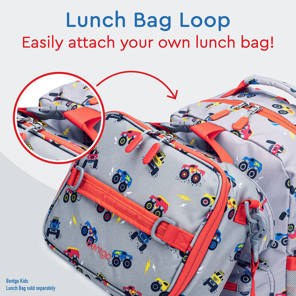 Bentgo Kids Backpack - Lightweight 14” Backpack in Fun Prints for School, Travel, & Daycare, Ideal for Ages 4+, Roomy Interior, Durable & Water-Resistant Fabric, & Loop for Lunch Bag (Trucks)