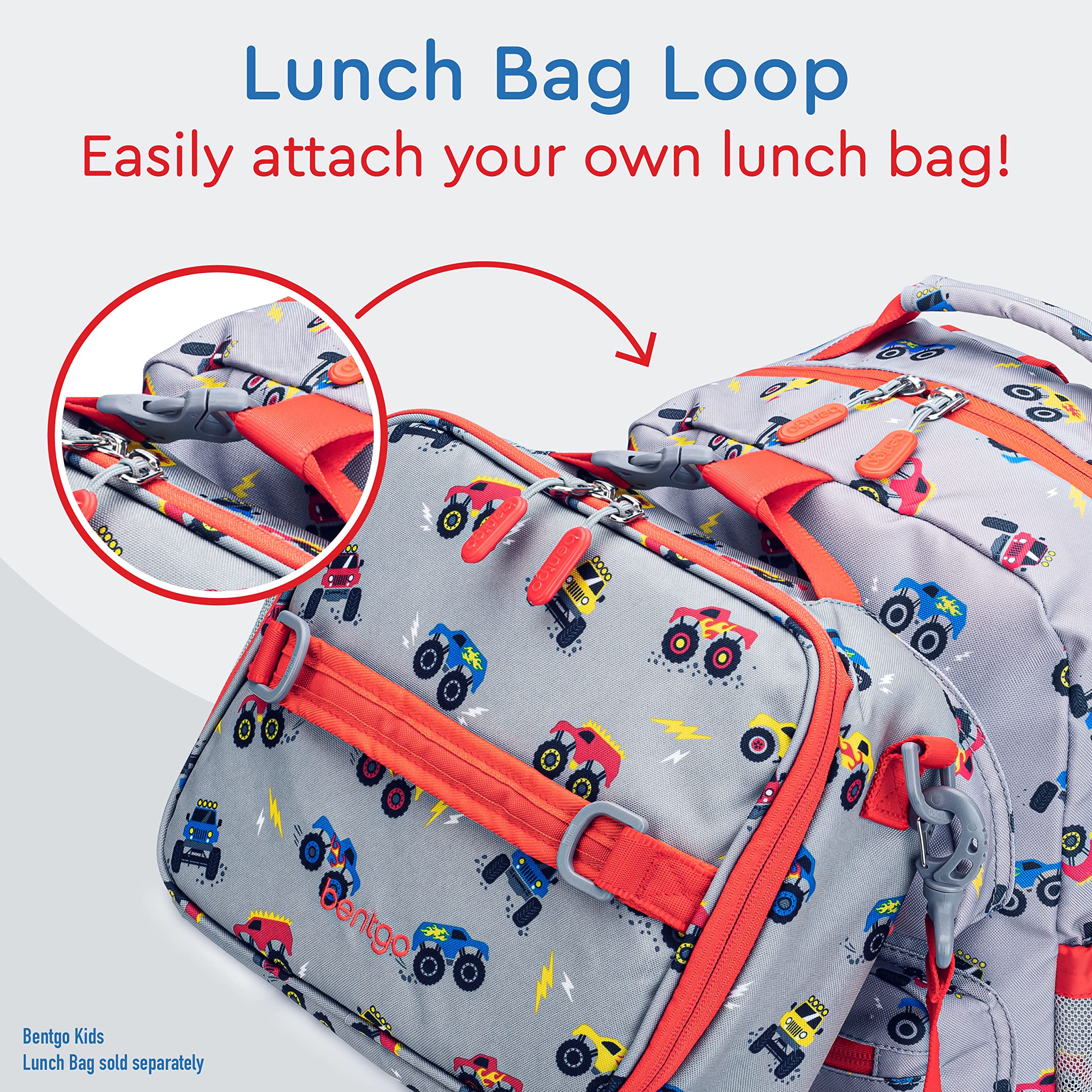 Bentgo Kids Backpack - Lightweight 14” Backpack in Fun Prints for School, Travel, & Daycare, Ideal for Ages 4+, Roomy Interior, Durable & Water-Resistant Fabric, & Loop for Lunch Bag (Trucks)