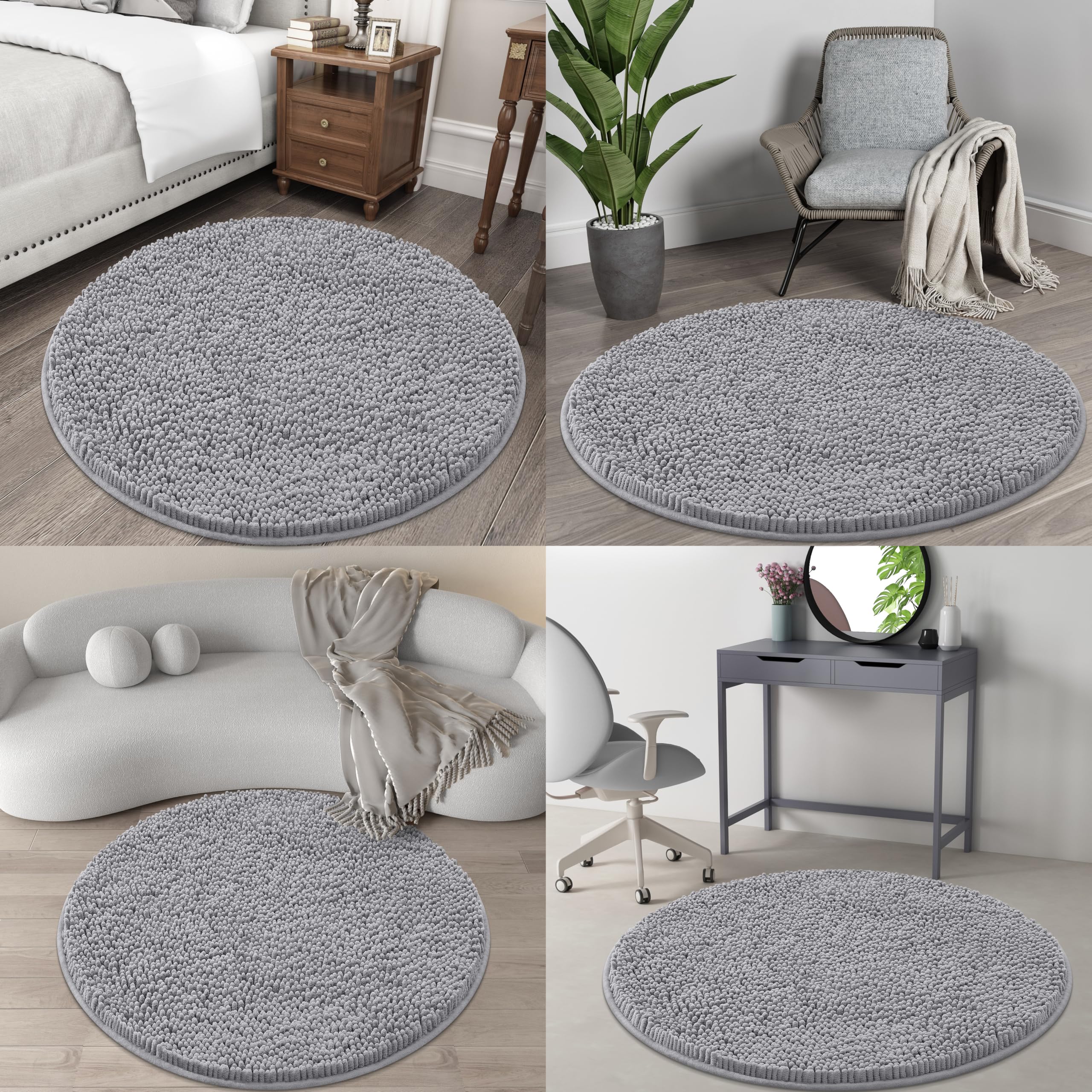 OLANLY 30-inch Round Bathroom Rugs, Extra Soft and Absorbent Chenille Bath Rugs, Quick Dry Machine Washable Bath Mats for Bathroom Floor, Tub and Shower, Home Decor Accessories, Grey