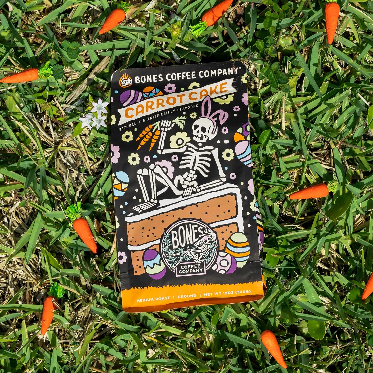Bones Coffee Company Carrot Cake with Sweet Cream Cheese Flavored Coffee, Medium Roast Low Acid Arabica Beans Compatible with Auto drip and French Press Coffee Maker, 12 Oz Ground