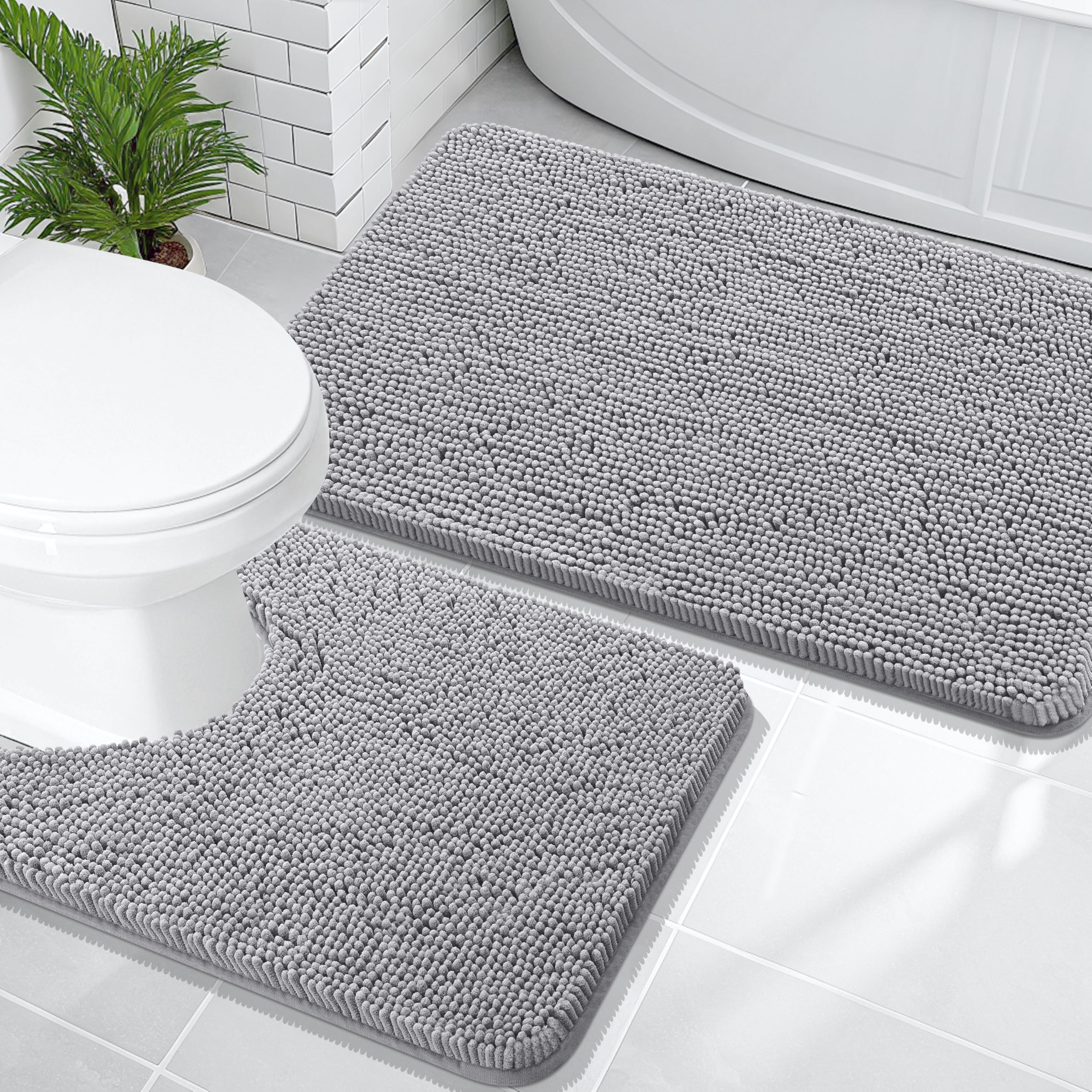 OLANLY Bathroom Rugs Sets 2 Piece, Soft Absorbent Chenille Bath Mats and U-Shaped Contour Toilet Mat Area Rug Set, Machine Washable Bath Carpet, Home Decor Accessories(30"x20"+24"x20", Grey)